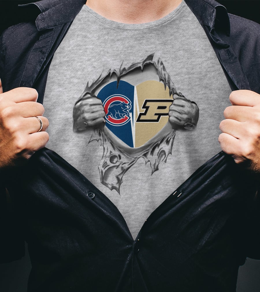 Cubs And Purdue Heart In Torn T-Shirt