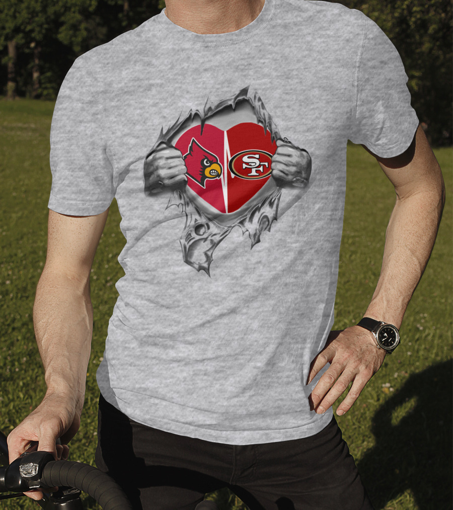 49ers Cardinals Heart With Logos And Tearing Hands T-Shirt