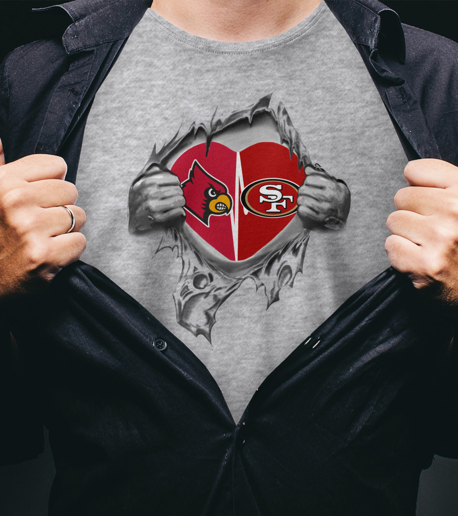 49ers Cardinals Heart With Logos And Tearing Hands T-Shirt