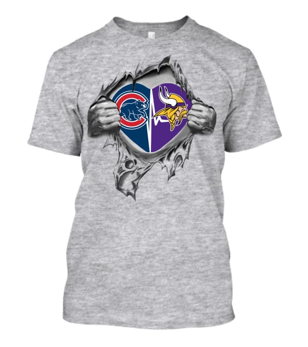 Cubs Vikings Heart Iconic Logo Combination Torn Reveal T-Shirt