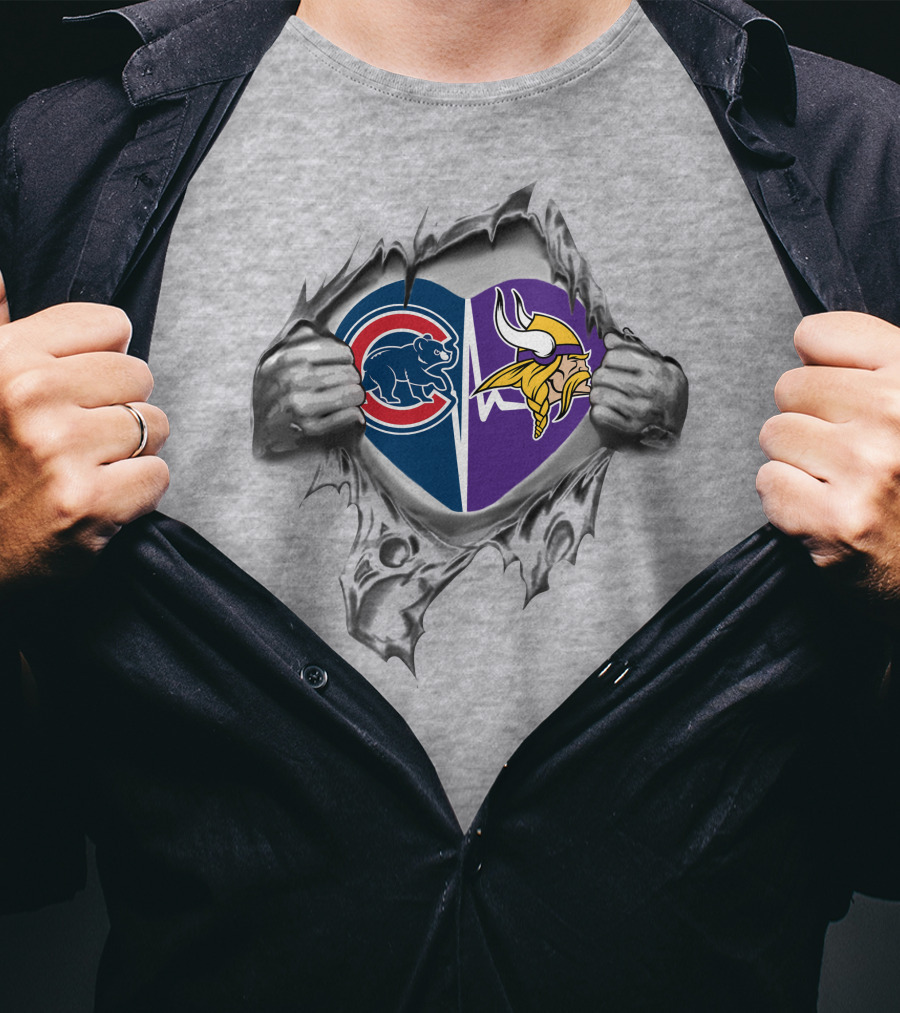 Cubs Vikings Heart Iconic Logo Combination Torn Reveal T-Shirt