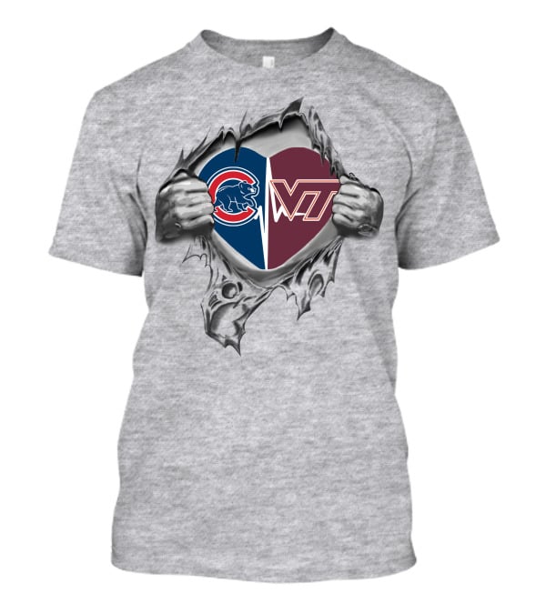 Cubs And Virginia Tech Heart Graphic Tear T-Shirt