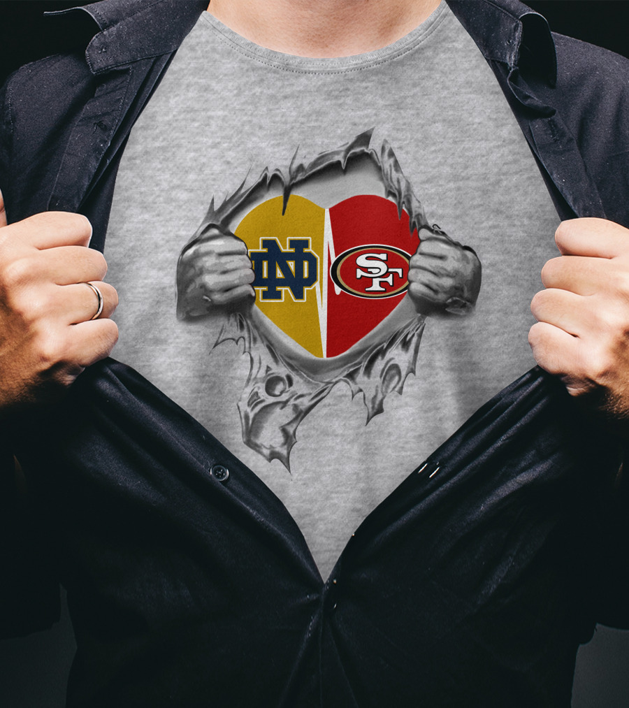 Notre Dame And San Francisco 49ers Heart Symbol Pulled By Hands T-Shirt