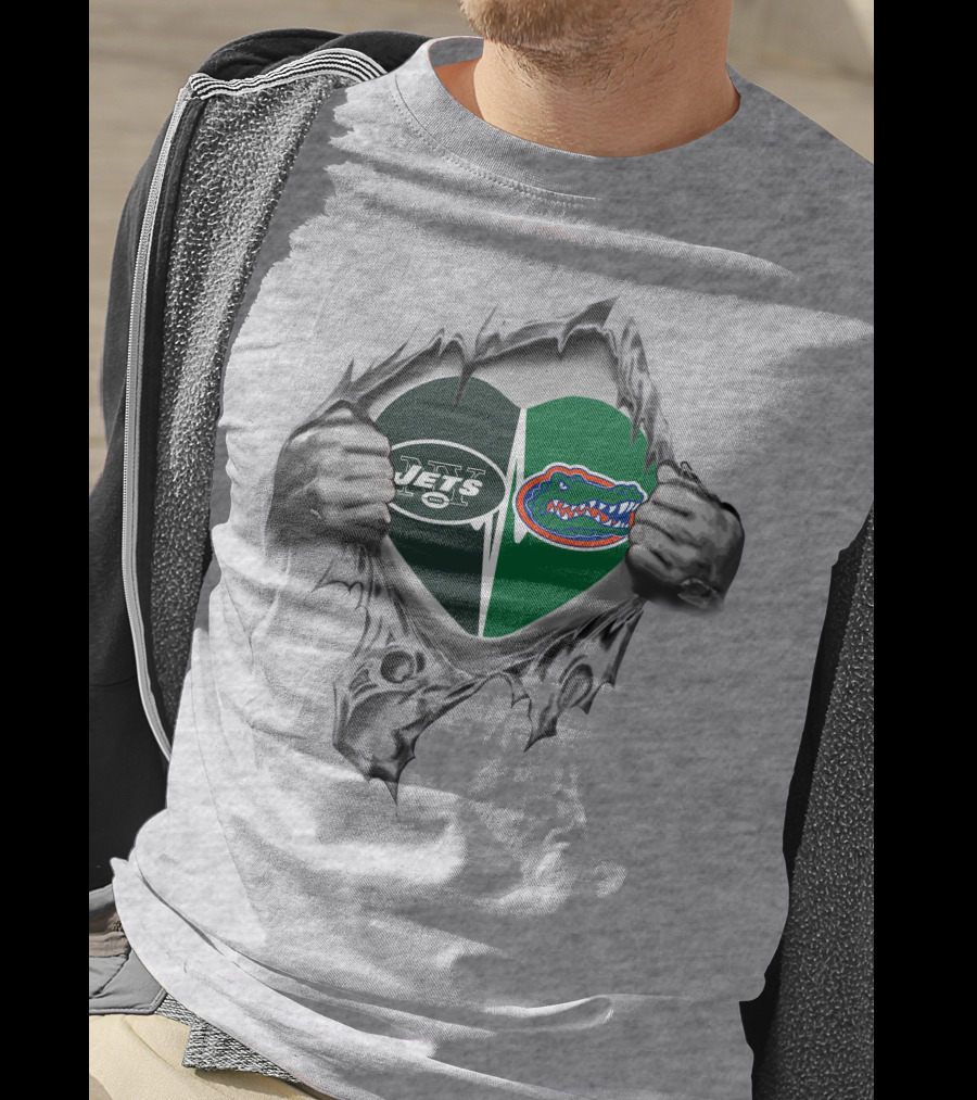 Jets Gators Heart Rip Logo NFL New York Florida Combo T-Shirt