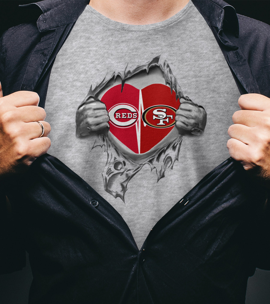 San Francisco 49ers And Cincinnati Reds Heart Tear T-Shirt