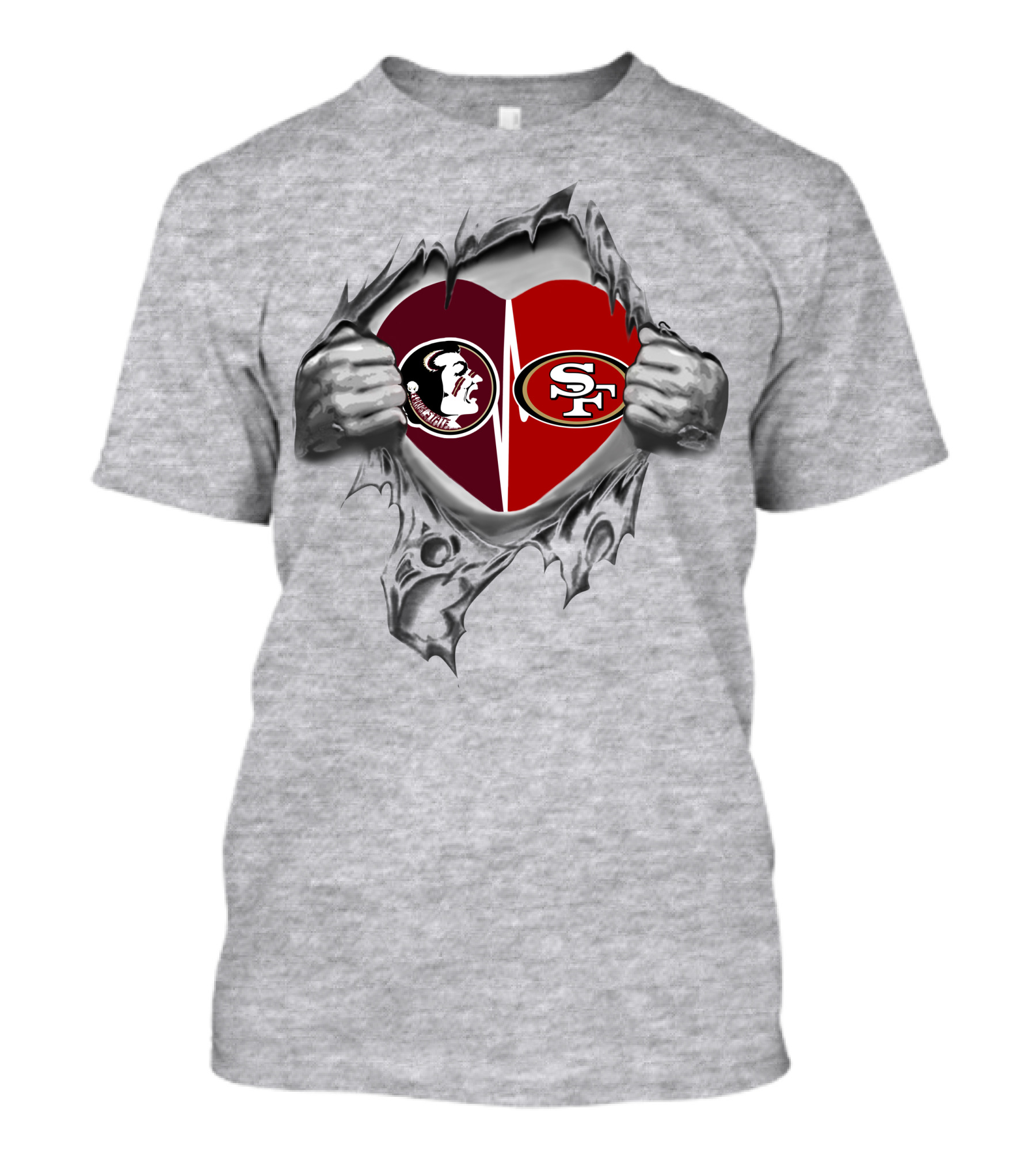 49ers Sf Seminoles Heart Logo Peeking Through Torn Fabric T-Shirt
