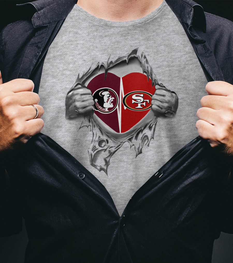 49ers Sf Seminoles Heart Logo Peeking Through Torn Fabric T-Shirt
