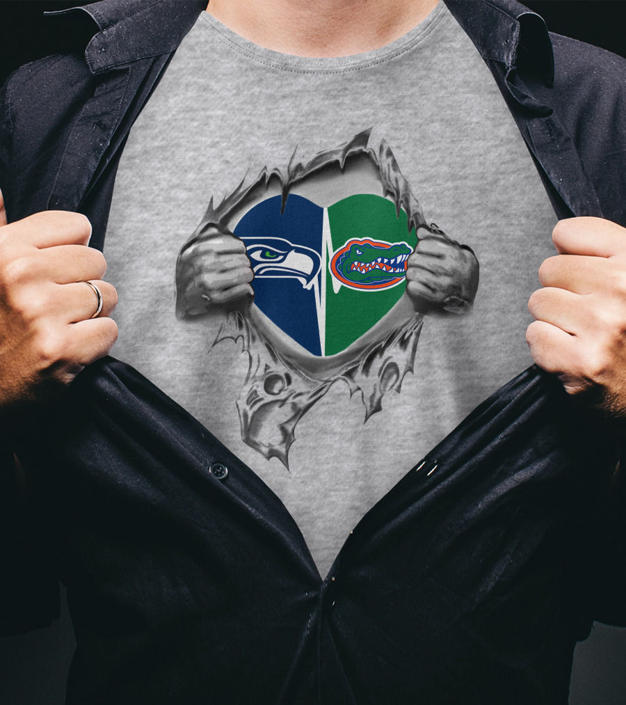 Seahawks Gators Heart Emblem With Torn Hands T-Shirt