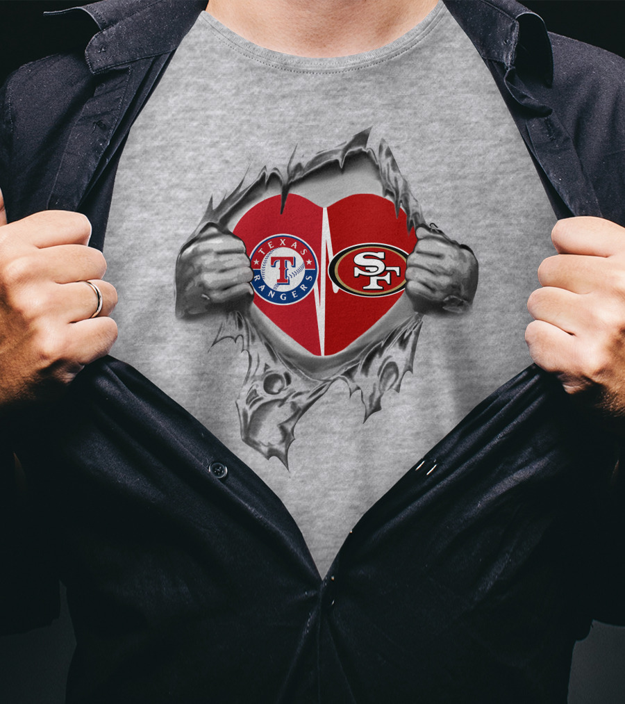 Texas Rangers San Francisco 49ers Heart Logo Fusion T-Shirt