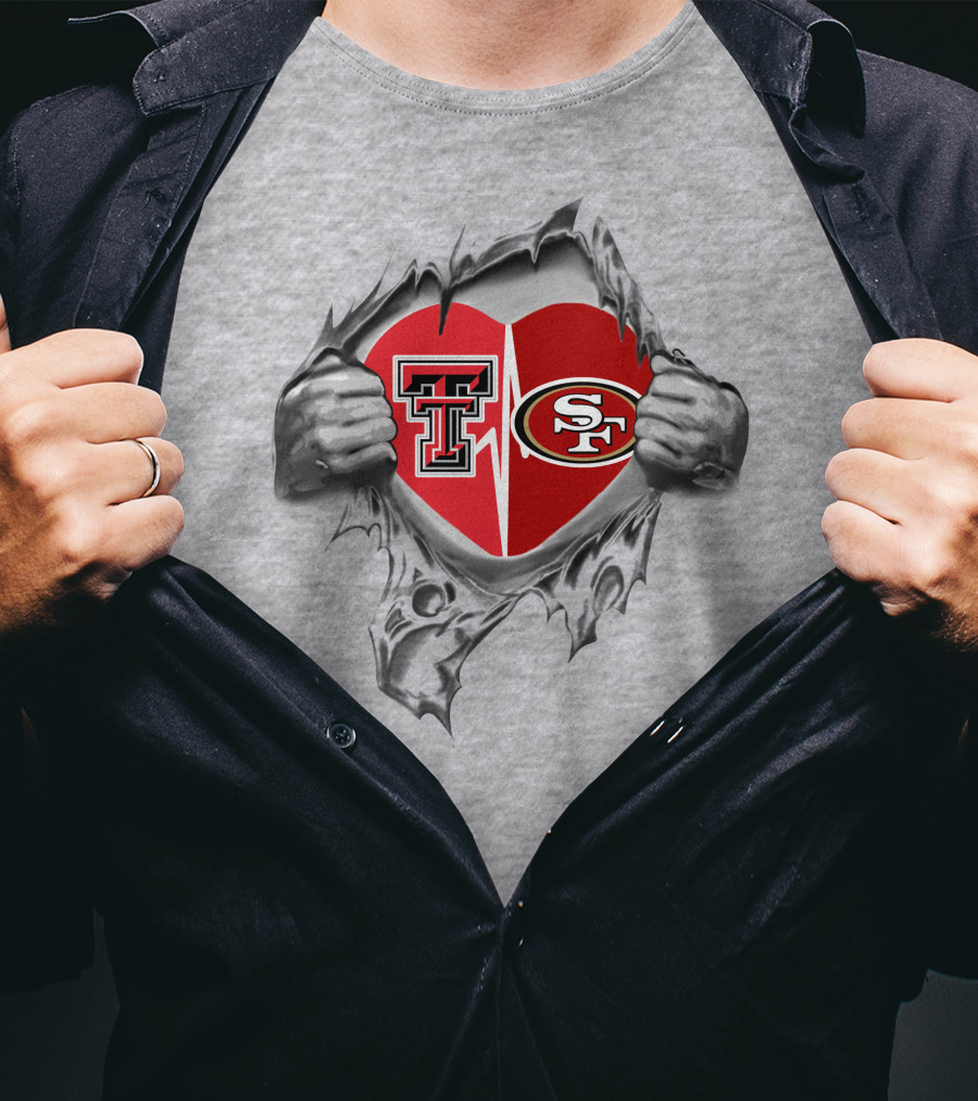 49ers And Texas Tech Heart Logos United T-Shirt