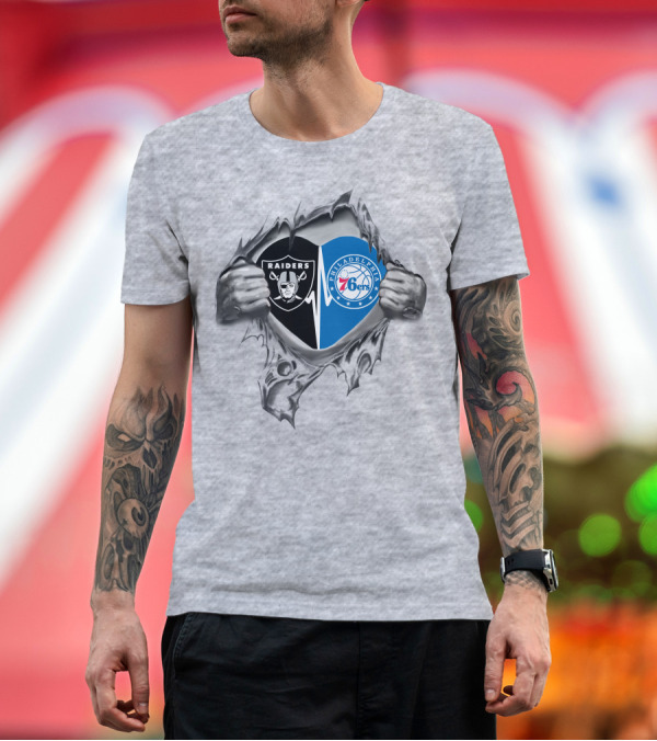 Premium T-Shirt: Raiders 76Ers Heart NFL NBA Crossover Fan Passion T-Shirt Raiders 76Ers Heart NFL NBA Crossover Fan Passion T-Shirt