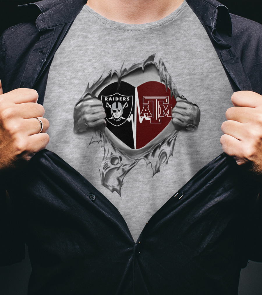 Heart Of Raiders Aggies Split With Raiders And Texas A&M T-Shirt