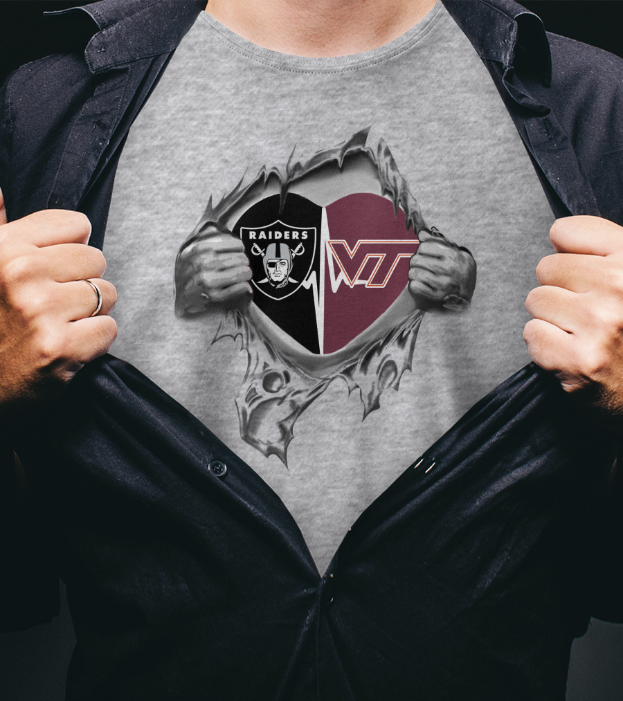 Raiders Hokies Heart Logo Football Fusion T-Shirt