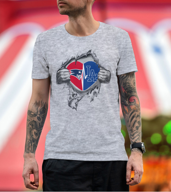 Premium T-Shirt: Patriots Dodgers Heart Split T-Shirt Patriots Dodgers Heart Split T-Shirt
