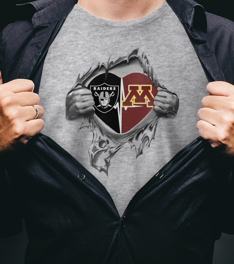 Raiders And University Of Minnesota Heart Logos With Hands Tearing Fabric T-Shirt