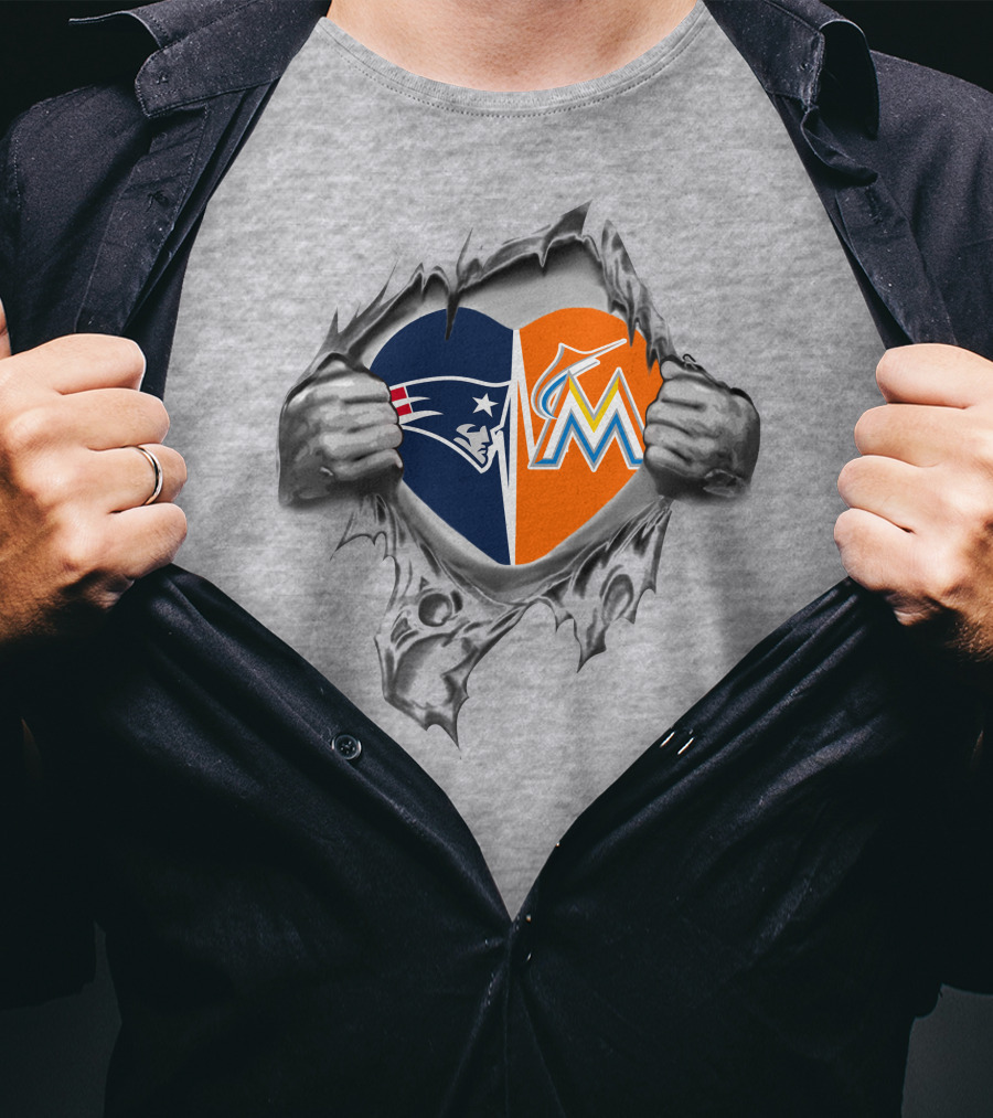 Patriots Marlins Heart Split With NFL And MLB T-Shirt