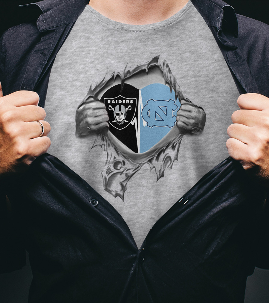 Raiders And Tar Heels Split Heart Emblem With Team Logos T-Shirt
