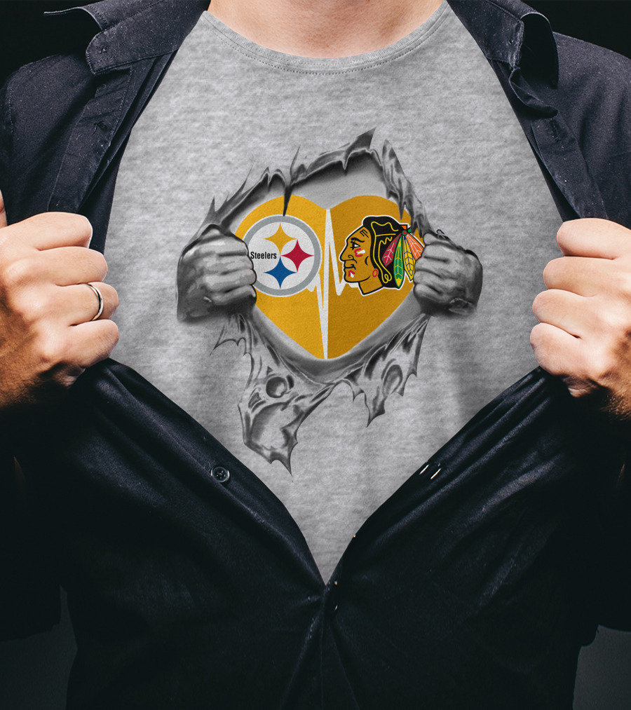 Steelers Blackhawks Heart Exposed Through Torn Surface Hands T-Shirt