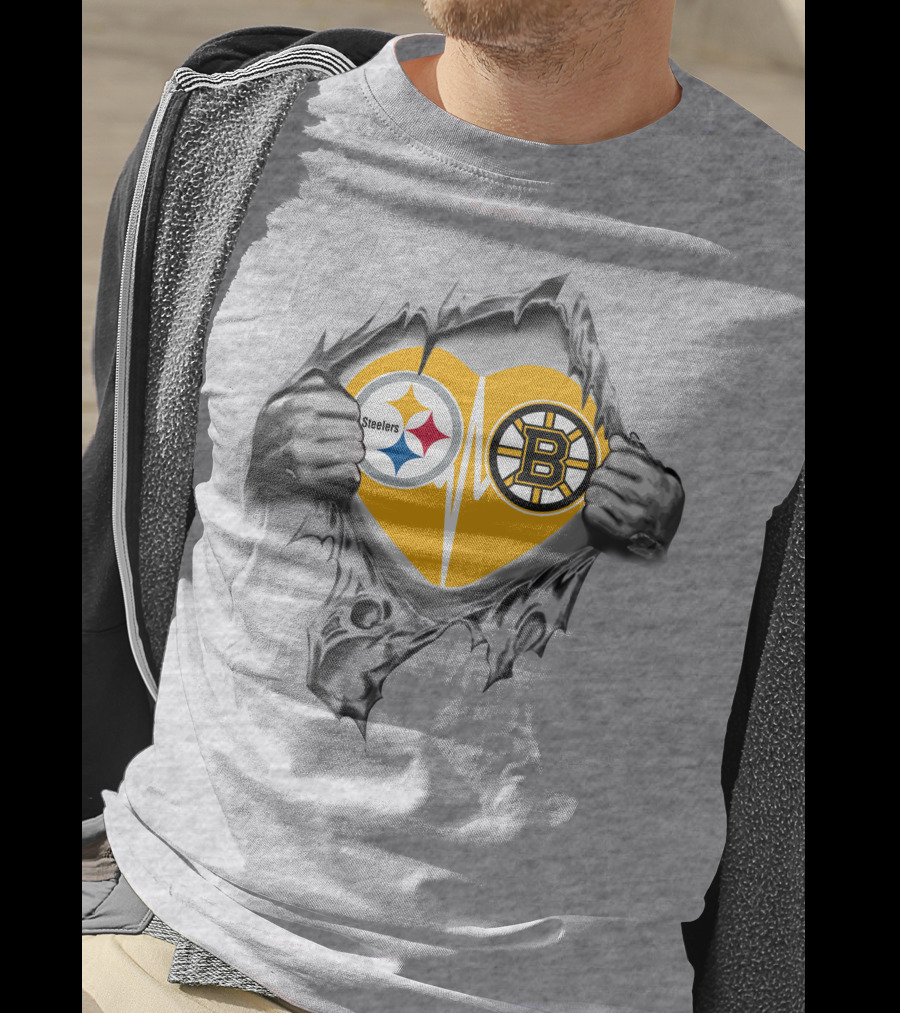 Steelers Bruins Heart Torn Open With Logos T-Shirt