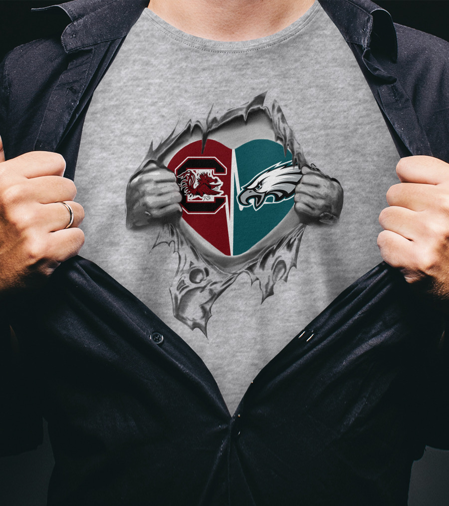 Eagles Gamecocks Heart Logo With Split Design And Hand Rip Effect T-Shirt