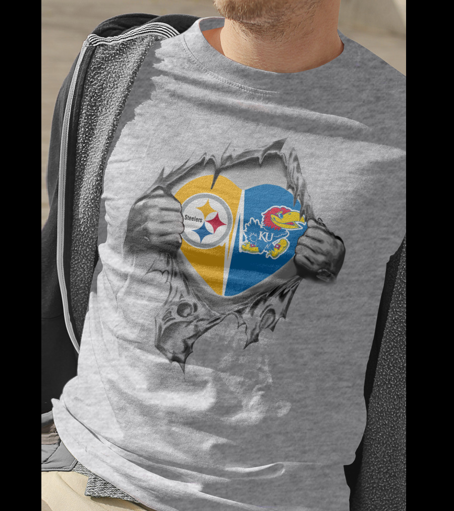 Steelers Kansas Jayhawks Heart Torn Fabric T-Shirt