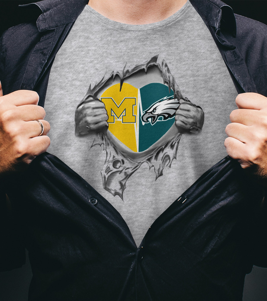 Michigan And Philadelphia Eagles Heart Unity T-Shirt