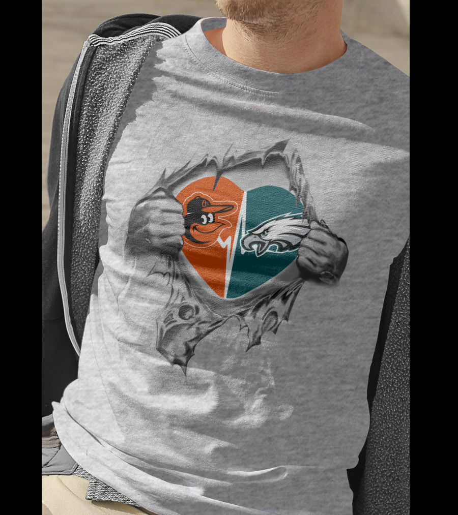 Eagles Orioles Heart Logos Torn Reveal T-Shirt