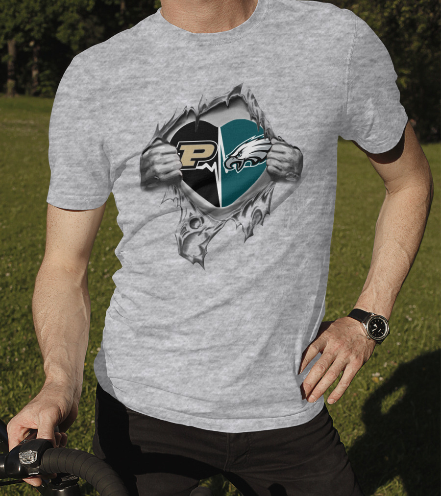 Purdue Eagles Heartbeat Peeking Through Silver Hands T-Shirt