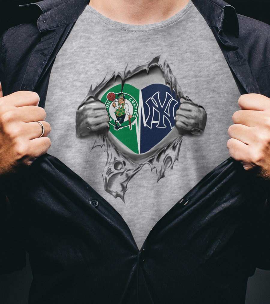 Celtics Yankees Heart Celtics Logo Yankees Emblem T-Shirt