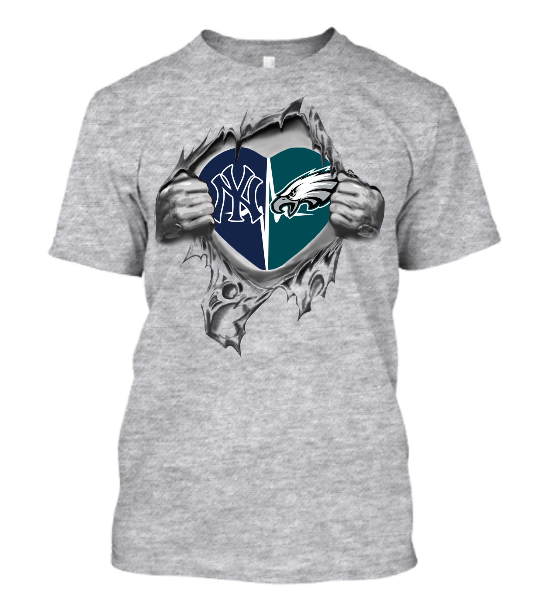 Eagles Yankees Heart Design With Hands Tearing Open T-Shirt