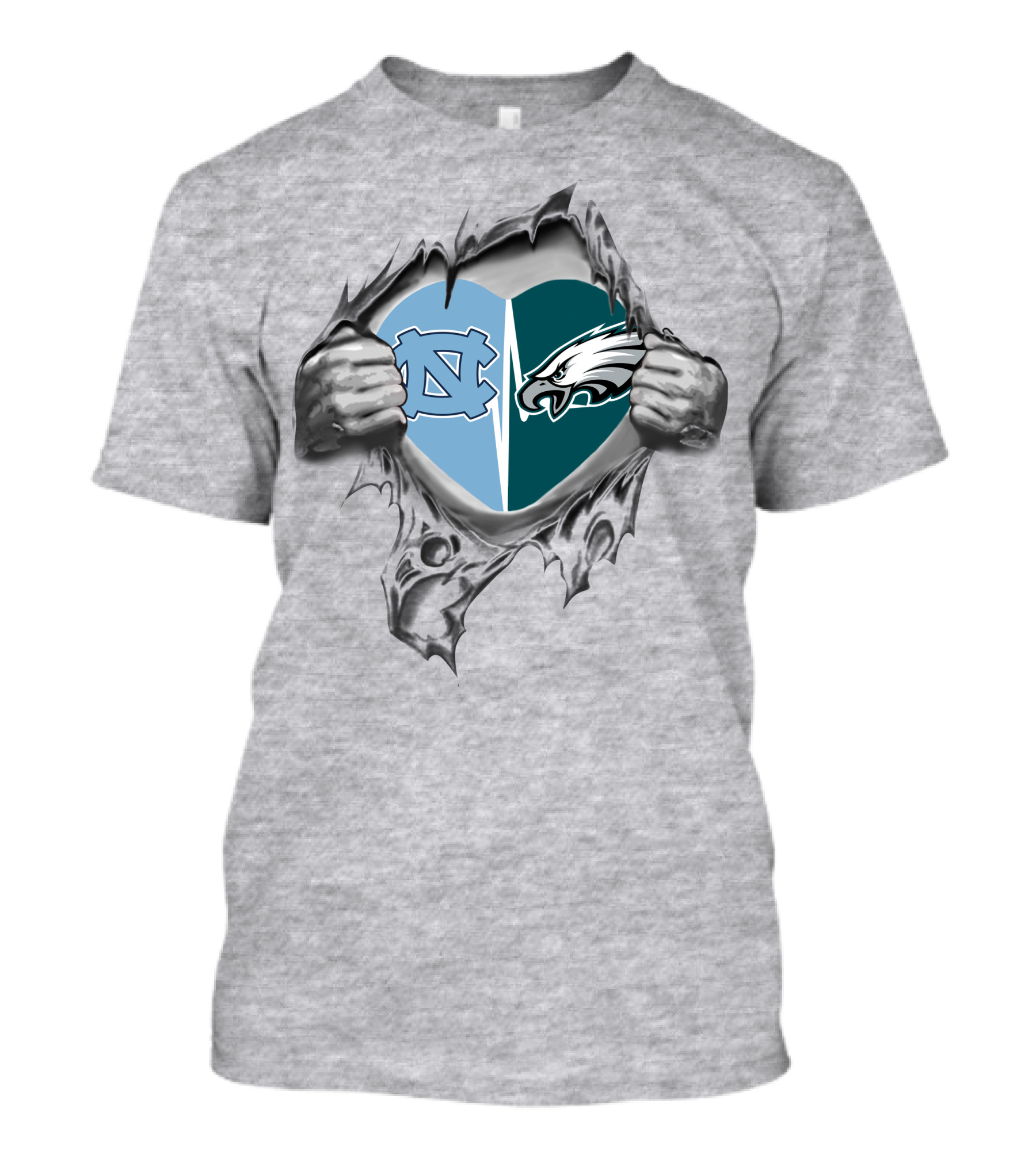 Eagles Tar Heels Heart Design With Hands Tearing Background T-Shirt