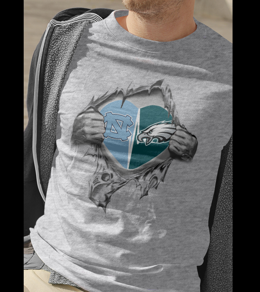 Eagles Tar Heels Heart Design With Hands Tearing Background T-Shirt