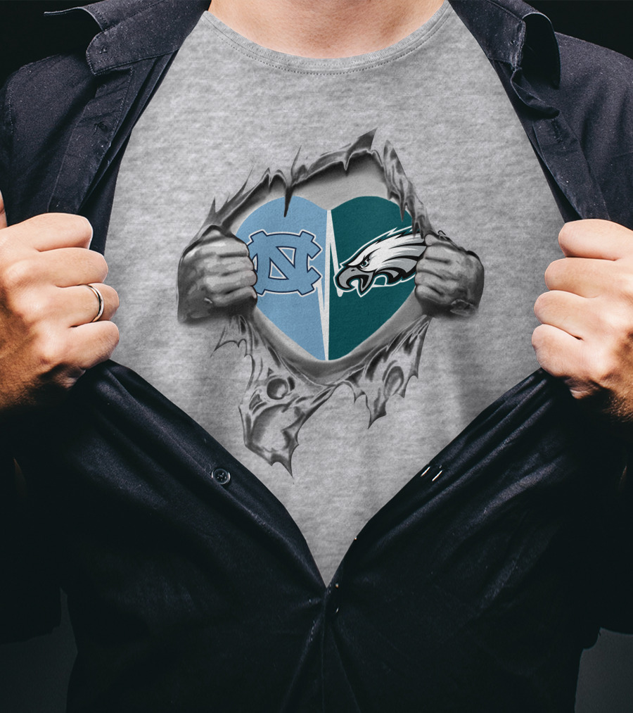 Eagles Tar Heels Heart Design With Hands Tearing Background T-Shirt