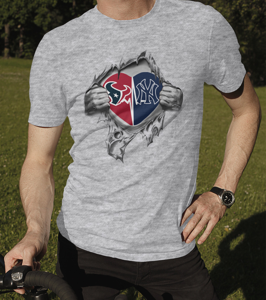 Texans Yankees Heart Symbol With Logos Ripping Through T-Shirt