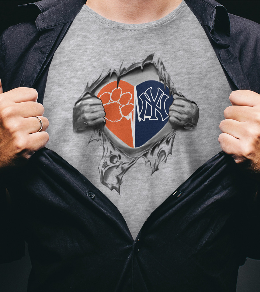 Clemson Tigers Yankees Heart Logo Fusion T-Shirt