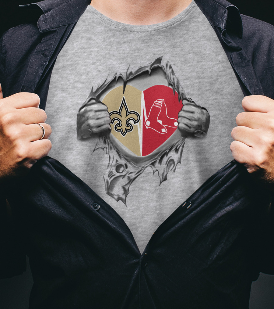 Saints Redsox Heart Design Featuring Iconic Fleur-de-Lis And Red Socks T-Shirt