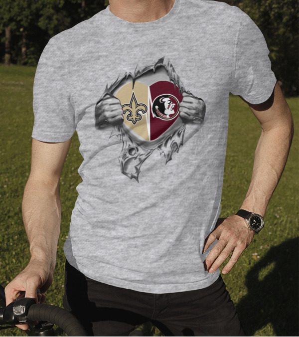 Saints Seminoles Heart Design With New Orleans And Florida State T-Shirt