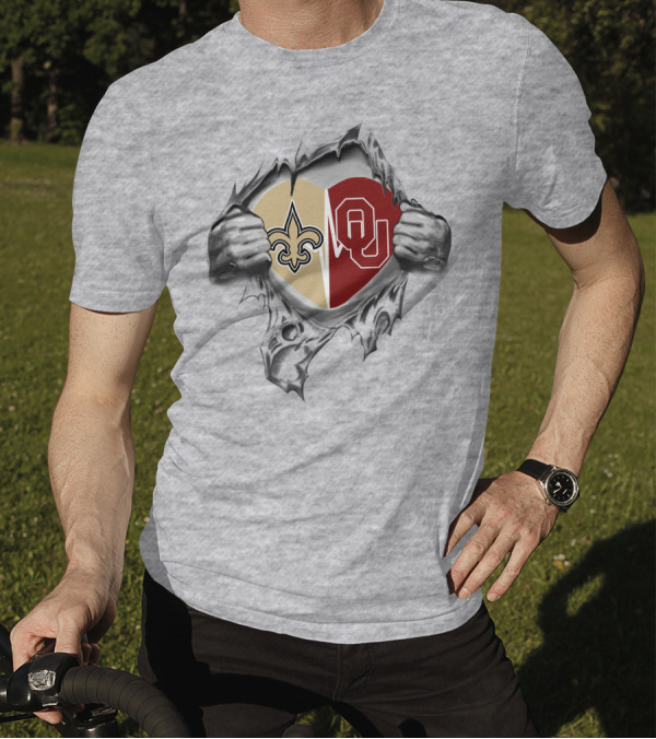 Saints Sooners Heart Torn Open Fleur-de-Lis OU T-Shirt