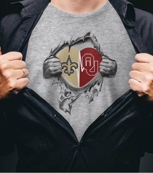 Saints Sooners Heart Torn Open Fleur-de-Lis OU T-Shirt