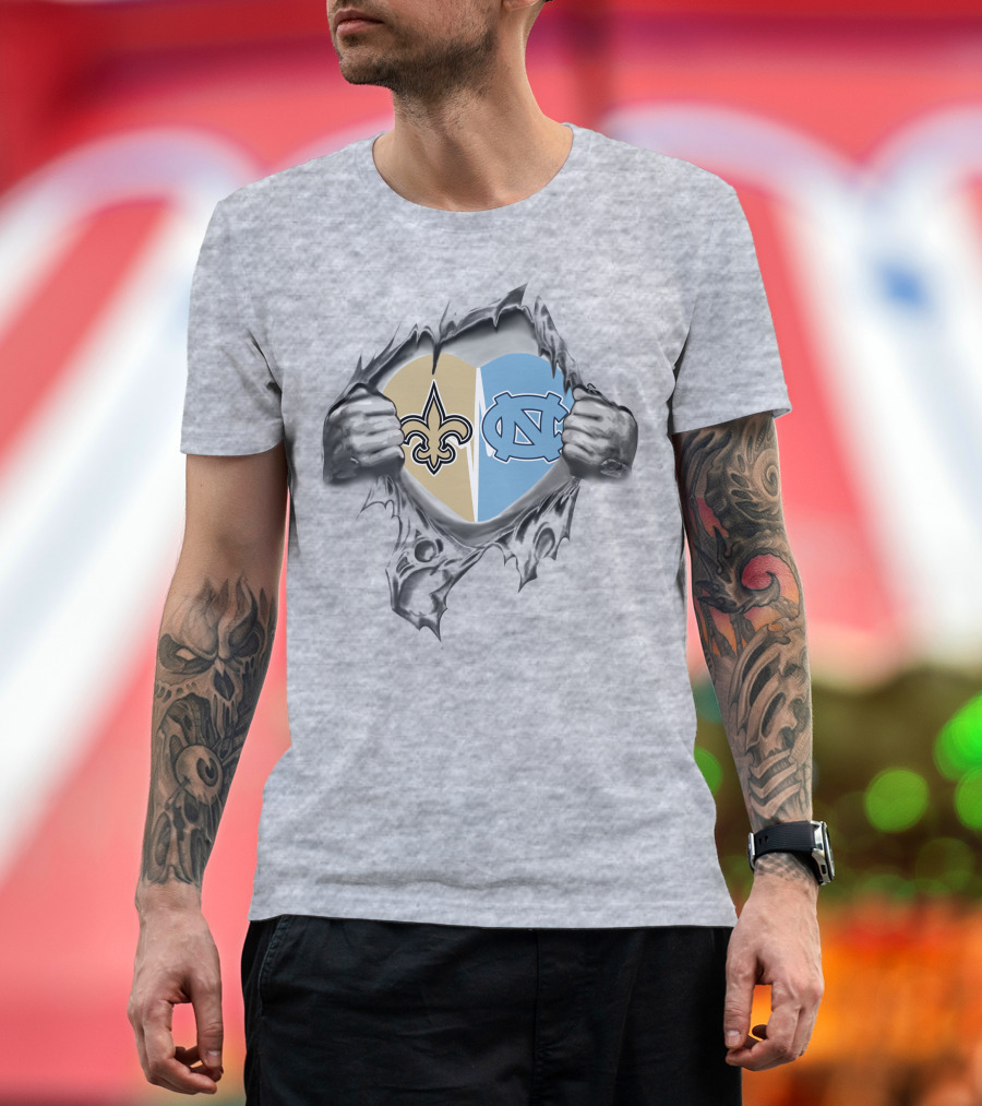 Saints Tar Heels Heart Emblem New Orleans and North Carolina T-Shirt