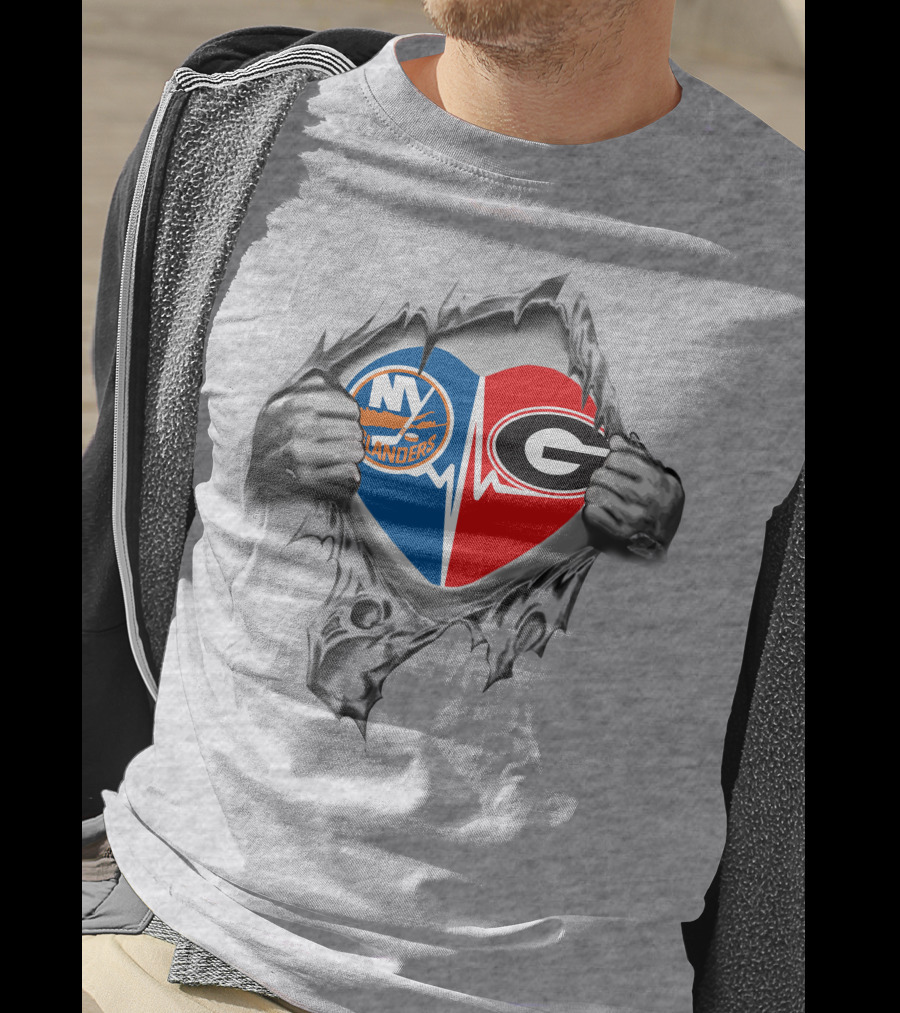 New York Islanders Georgia Bulldogs Heartbeat Logo Fan T-Shirt