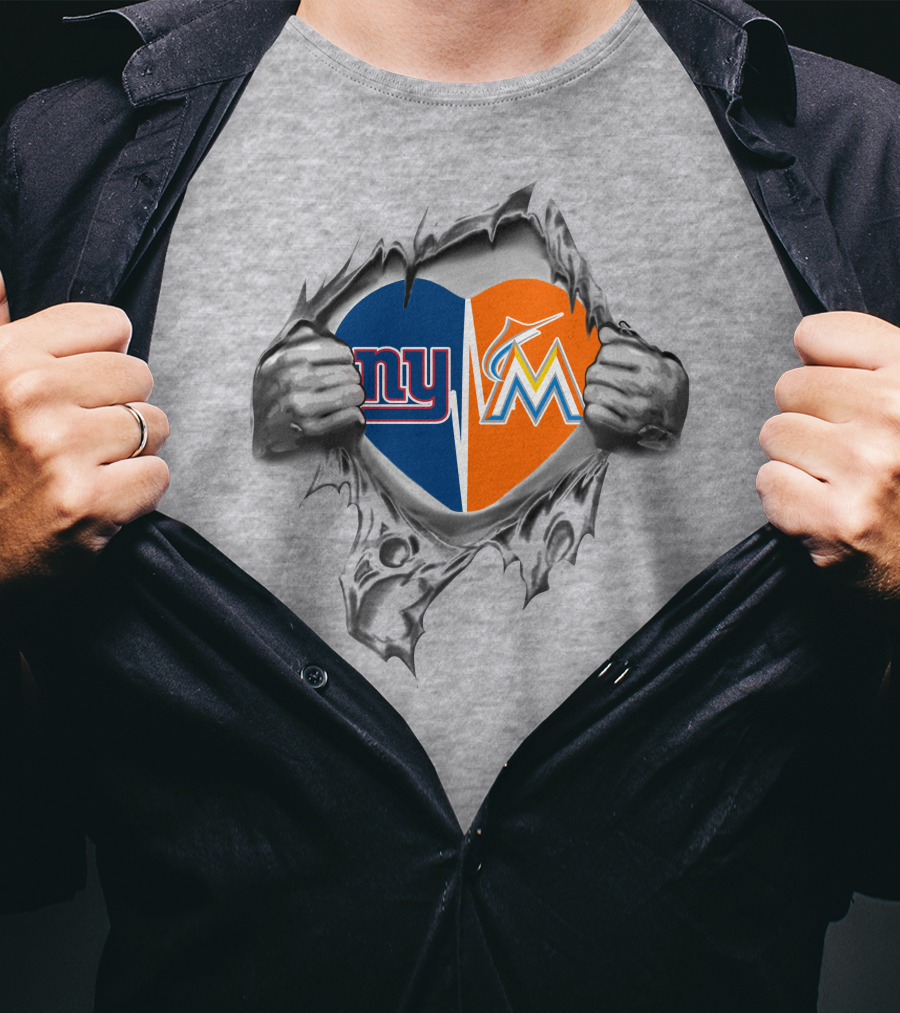 Giants Marlins Heart Split NY SF Miami Logo Inside T-Shirt