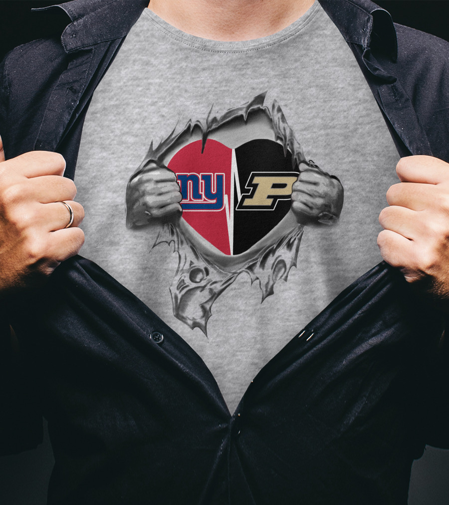 New York Giants And Purdue University Split Heart Design Tear Open T-Shirt