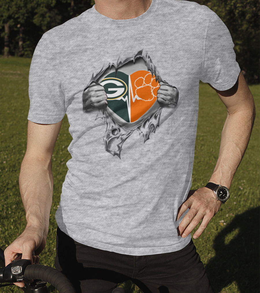 Green Bay Packers Clemson Tigers Heartbeat Logo Combination T-Shirt