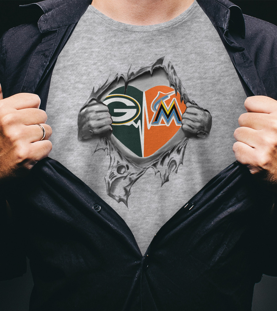 Green Bay Packers Miami Marlins Heart Rip T-Shirt