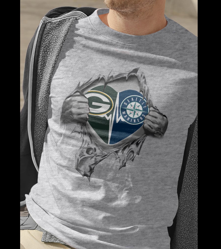 Green Bay Packers Seattle Mariners Heart Torn Fabric T-Shirt