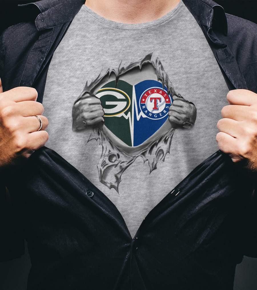 Green Bay Packers And Texas Rangers Heartbeat Logos With Tearing Hands T-Shirt