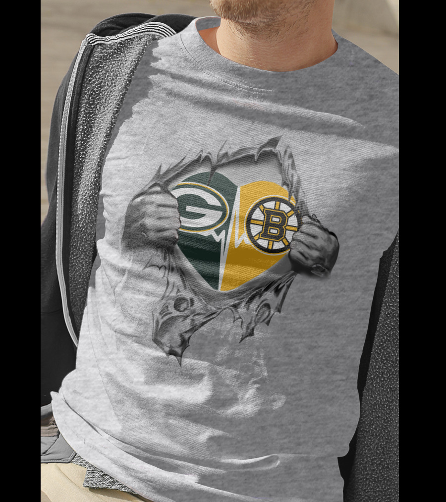 Green Bay Packers Boston Bruins Heart Logo Fusion T-Shirt
