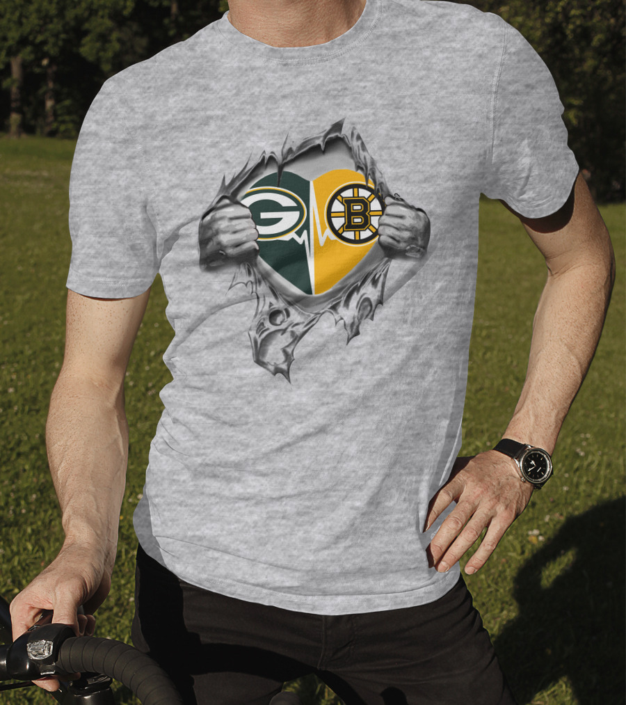 Green Bay Packers Boston Bruins Heart Logo Fusion T-Shirt