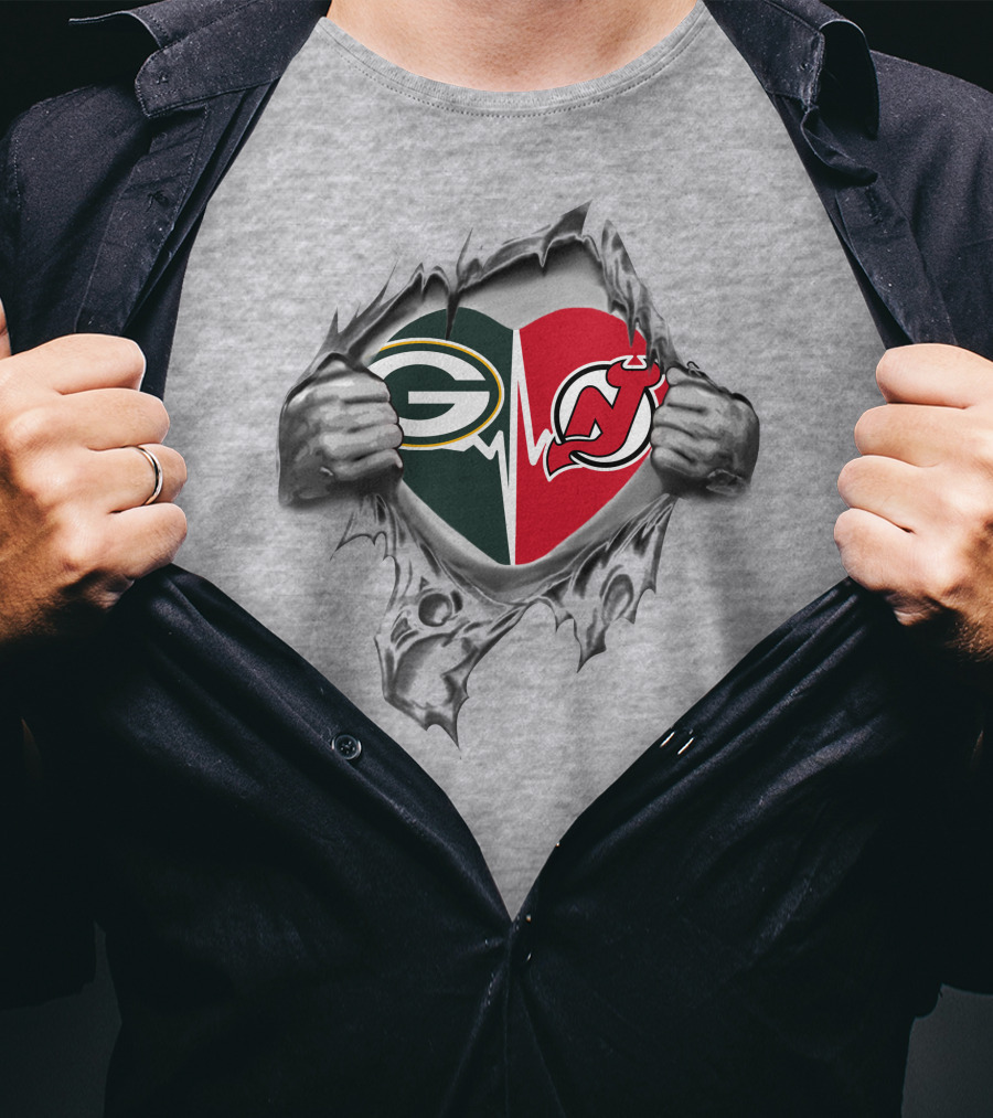 Green Bay Packers New Jersey Devils Heartbeat Dual Logo Tear T-Shirt